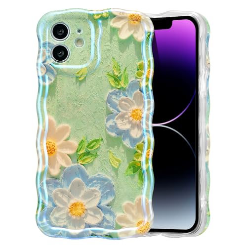 EYZUTAK Case for iPhone 11, Colorful Retro Oil Painting Flower, Blue White | Laser Glossy Floral Pattern, Cute Curly Wave Edge, Exquisite Phone Cover, Stylish Durable TPU Protective Case for Girl Women - color: Blue White, size: iPhone 11