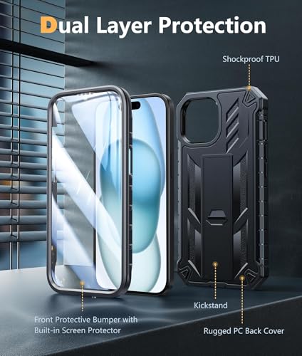 FNTCASE for iPhone 15/14/13 Case, Built-in Screen Protector, Kickstand | 20FT Military-Grade Drop Protection, Anti-Slip Matte Textured, Rugged Heavy Duty Shockproof Protective Phone Cover, Black - color: Black
