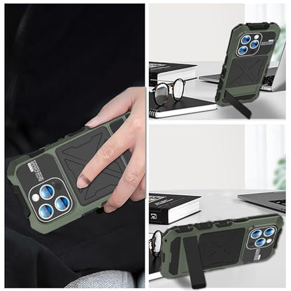 Simicoo Compatible with iPhone 16 Pro Metal Bumper Military Rugged Silicone Case Heavy Duty Armor Defender Metal Case with Stand Built-in Gorilla Glass Full Cover Dustproof Cover (Green)