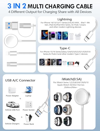 2Pack Travel Essentials for Apple Watch Charger,3-in-2 Multi Charging Cable - color: White, size: 2Pack-5 FT