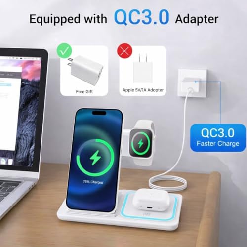 Fast Charging Wireless Charger Station 3 in 1 Multiple Devices Dock 15W Compatible with Any Devices with Wireless Charging Capability Phone, Watch and Earbuds. (White)