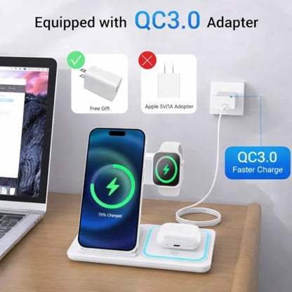 Fast Charging Wireless Charger Station 3 in 1 Multiple Devices Dock 15W Compatible with Any Devices with Wireless Charging Capability Phone, Watch and Earbuds. (White)