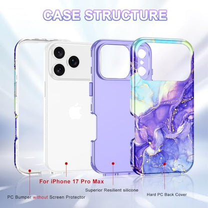 Btscase Compatible with iPhone 17 Pro Max Case 6.9 Inch 2025,Marble Pattern 3 in 1 Heavy Duty Shockproof Full Body Rugged Hard PC+Soft Silicone Drop Protective Women Girl Phone Cases, Cobalt Violet - color: Cobalt Violet, size: iPhone 17 Pro Max