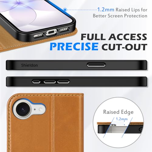 SHIELDON Genuine Leather Case Wallet for iPhone 17e/16e, Retro Light Brown | Flip Magnetic Cover, RFID Blocking, Credit Card Holder, Kickstand, Book Design, Shock-Absorbent Phone Cover - color: Retro Light Brown