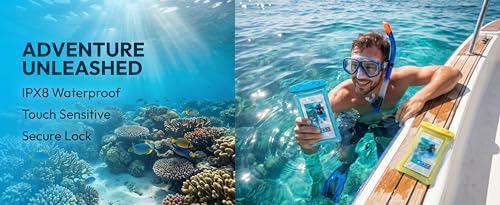 2 Pack Waterproof Phone Pouch Underwater Dry Bag Ultra-Clear Dual-Sided Touchscreen Case with Lock Seal for Swimming Snorkeling & Beach-Yellow-Blue - color: Yellow-Blue