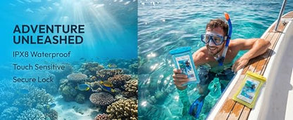2 Pack Waterproof Phone Pouch Underwater Dry Bag Ultra-Clear Dual-Sided Touchscreen Case with Lock Seal for Swimming Snorkeling & Beach-Yellow-Blue - color: Yellow-Blue
