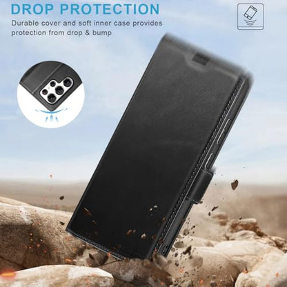 KEZiHOME Genuine Leather Wallet Case for Samsung Galaxy S24 Ultra Black | Black, RFID Blocking Card Slot, Kickstand, Magnetic Protective Phone Folio Cover, Compatible with Galaxy S24 Ultra - color: Black