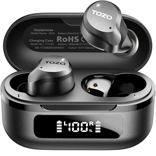 TOZO NC9 Hybrid Active Noise Cancelling Wireless Earbuds, 60H, LED Display - color: Dark Black