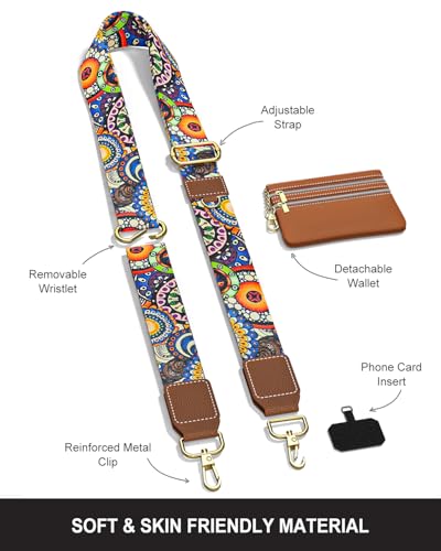 Nipichsha Crossbody Phone Strap with Wallet, Clip and Go Strap for Phone - color: Bohemian Sun