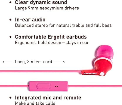 PANASONIC ErgoFit Earbud Headphones with Microphone and Call Controller Compatible with iPhone, Android and Blackberry - RP-TCM125-P - In-Ear (Pink) - color: Pink, size: S/M/L, style: With Mic