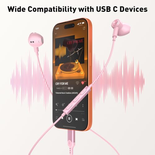 USB C Headphones Magnetic Wired Earbuds with Mic for Apple/Samsung Android - color: Pink