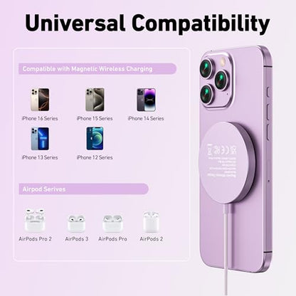 BENFEI Magnetic Wireless Charger Compatible with MagSafe for iPhone 17/16/15/14/13/12, Aluminum, up to 7.5W, 1.5m Cable - color: Purple