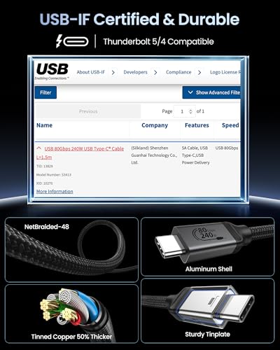 Silkland USB-IF Certified USB4 for Thunderbolt 5 Cable 5FT, 80Gbps 240W 8K - size: 5 Feet