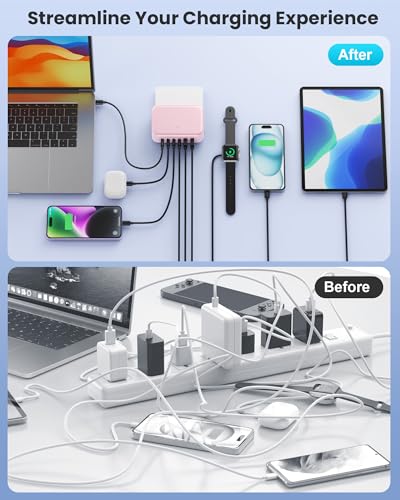 USB C Charger 200W USB Charging Block,6 Ports Foldable Wall Charger Outlet Plug,QC4.0 Fast Charging Station Hub,PD 65W Laptop Adapter for MacBook Pro/Air,Dell,iPhone 17/16/15,Galaxy (Pink) - color: Pink