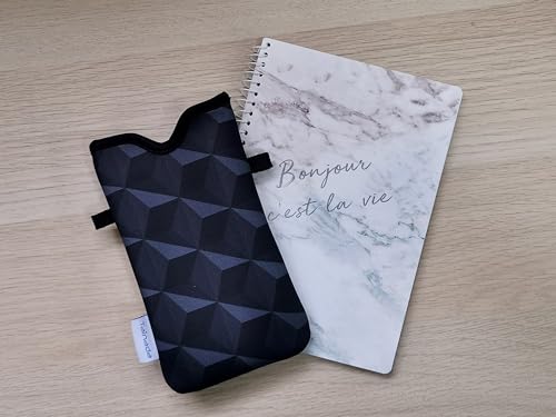 Tainada Neck Phone Pouch Case w/Crossbody Strap (Black Geometric Pattern) | For Men/Women; lightweight neoprene bag; Compatible with iPhone 17/16 Pro Max, 16e, 16/15 Plus; Samsung S26/S25, A57/A56 - color: Black Geometric Pattern