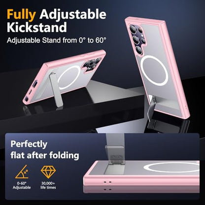 SPIDERCASE Magnetic for Samsung Galaxy S24 Ultra Case, with Invisible Kickstand [Military Grade Drop Protection] [2 pcs Tempered Glass Screen Protectors] Shockproof Slim Case,Pink - color: Pink