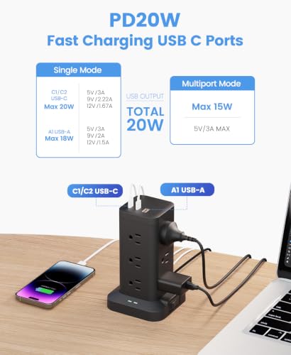 12AC 3USB Power Strip Tower Surge Protector 1800J, 9.8ft, Black, 1 - color: Black, size: 9.8ft