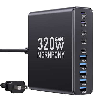 320W USB C Charger Block, MGRNPONY 10-Port GaN USB C Charging Station Black - color: Black