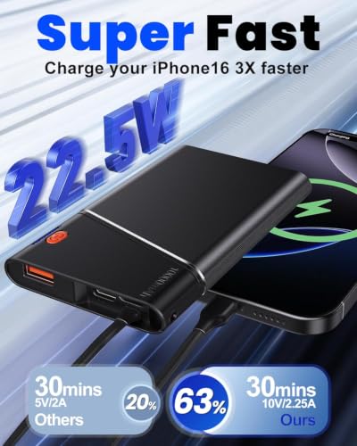 Aaoyun 10000mAh Portable Power Bank, 22.5W PD Fast Charging Battery Pack with Built-in USB-C Cable, Ultra-Slim External Phone Charger for iPhone 17/16/15, Samsung Galaxy S24, Android (Grey) - color: Grey