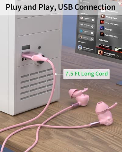 USB Earbuds with Microphone for PC Laptop,USB A Headphones,Pink - color: Pink