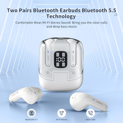 Two Pairs Wireless Earbuds, Dual Pair Headphones Ear Buds Bluetooth 5.5 with Noise Cancelling, LED Display Power in Ear Earphones Waterproof 120H Playtime for Laptop Pad Phones (White) - color: White