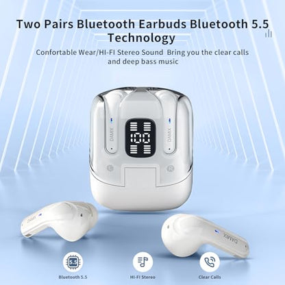 Two Pairs Wireless Earbuds, Dual Pair Headphones Ear Buds Bluetooth 5.5 with Noise Cancelling, LED Display Power in Ear Earphones Waterproof 120H Playtime for Laptop Pad Phones (White) - color: White