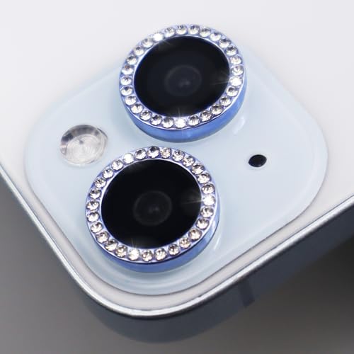 Camera Lens Protector for iPhone 15/15 Plus/14/14 PlusBling Diamond Metal Ring Rhinestone Tempered Glass Lens Cover Accessories (Blue) - color: Blue