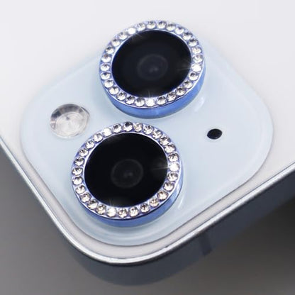 Camera Lens Protector for iPhone 15/15 Plus/14/14 PlusBling Diamond Metal Ring Rhinestone Tempered Glass Lens Cover Accessories (Blue) - color: Blue