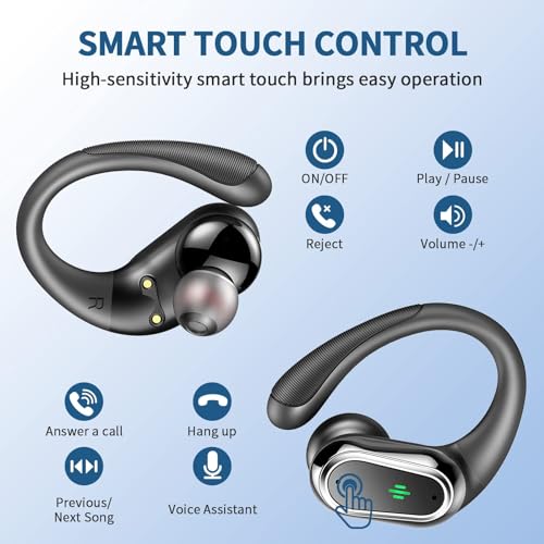 Wireless Earbuds, 2026 Bluetooth 5.4 Headphones Sport, 60Hrs HiFi Stereo Deep Bass Over-Ear buds with ENC Noise Cancelling Mic, IP7 Waterproof & LED Display Earphones with Earhooks for Workout/Running - color: Light Black