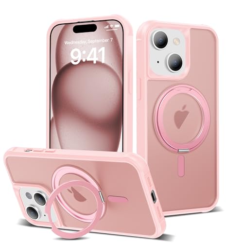 Designed for iPhone 15 Case with 360° Rotatable Magnetic Ring Stand [Compatible Mag-Safe] [Military Grade Protection] Translucent Matte Phone Cases for Women Men 6.1'', Pink - color: Pink, size: Iphone 15