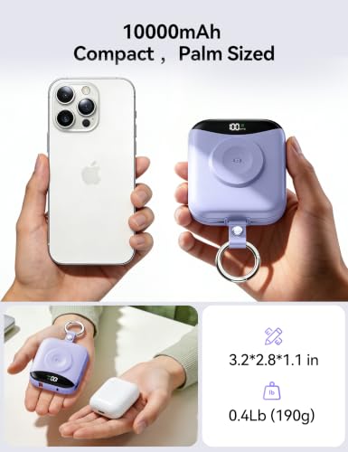 Portable Charger 10000mAh 22.5W Power Bank Built-in 2 Cables Keychain | Charge 5 Devices, TSA approved, Travel Fast Charging Battery Pack for iPhone Samsung Google Android & iWatch Charger, Purple - color: Purple