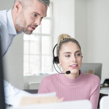 Headset with Microphone Single Ear Telephone Headset for Call Center Computer Use Black Wired Head-Mounted Earphone for Customer Service and Online Work