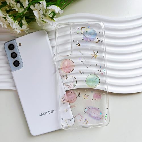 LSEEKA for Samsung Galaxy S21 Clear Case with Glitter Stars Planet Universe Design,Sparkle Bling Cute Slim Soft TPU Protective Women Girl's Phone Cover for Samsung Galaxy S21 - size: for Samsung S21