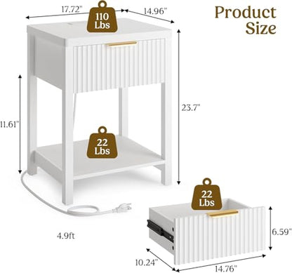 Night Stand Set 2, Fluted Wood Nightstands w/Charging Station for Bedroom - color: White, size: 1 Drawer-Set of 2 Nightstand