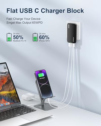 65W GaN Flat USB Wall Charger Block - 3 Port Foldable USB Charging Block - color: Black