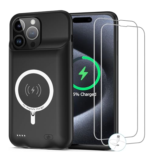 Battery Case for iPhone 15 Pro, [10000mAh] Enhanced Portable Protective Smart Qi Wireless Charger Case Battery Pack with CarPlay Wireless Charging Case Compatible for iPhone 15 Pro (6.1 inch)-Black - size: iPhone 15 Pro