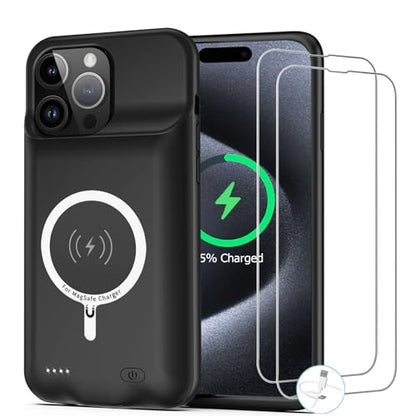 Battery Case for iPhone 15 Pro, [10000mAh] Enhanced Portable Protective Smart Qi Wireless Charger Case Battery Pack with CarPlay Wireless Charging Case Compatible for iPhone 15 Pro (6.1 inch)-Black - size: iPhone 15 Pro