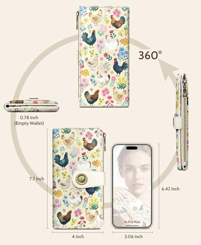 GIANCOMICS Chicken Rooster Womens Wallet RFID, Credit Card Holder Bifold | Billfold, Cute Cash Purse, Travel Zipper Coin Pocket, Compact Clutch, PU Leather, ID Window, 11 Card Slots, Ladies Gift Woman - color: Chicken