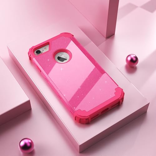 IDweel for iPhone 8 Case & for iPhone 7 Case with Screen Protector(Tempered Glass),3 in 1 Shockproof Hybrid Heavy Duty Hard PC Cover Soft Silicone Sturdy Bumper Full Body Sturdy Case,Glitter Rose Red - color: Glitter Rose Red