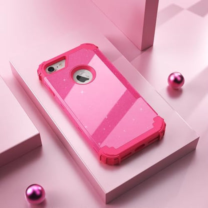 IDweel for iPhone 8 Case & for iPhone 7 Case with Screen Protector(Tempered Glass),3 in 1 Shockproof Hybrid Heavy Duty Hard PC Cover Soft Silicone Sturdy Bumper Full Body Sturdy Case,Glitter Rose Red - color: Glitter Rose Red
