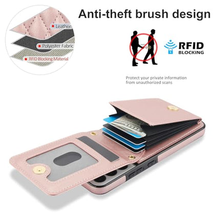 Phone Case for Samsung Galaxy S22 5G Wallet Cover with Tempered Glass Screen Protector Credit Slot Card Holder Crossbody Strap Stand RFID Blocking S 22 22S 4G G5 6.1 inch Women Men Girls Rose Gold - color: Rose Gold