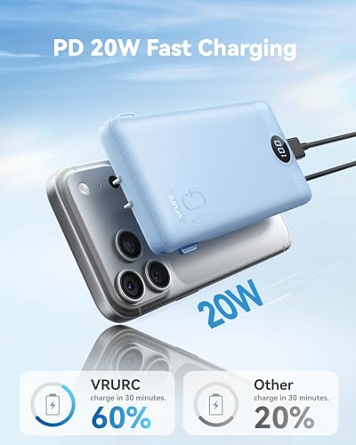 VRURC Portable Charger AC Plug and Built-in-Cables 10000mAh Fast Charging - color: Blue
