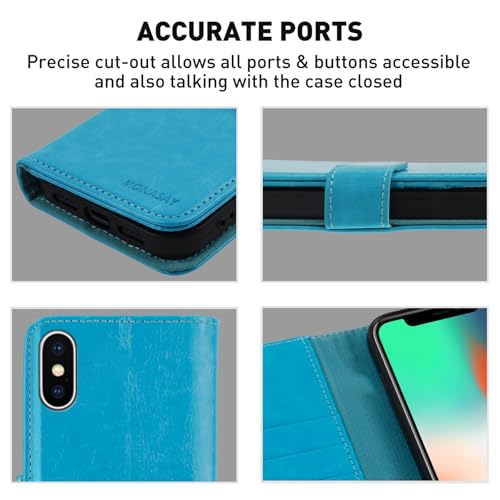 MONASAY Wallet Case for iPhone X/Xs with 3 Card Holders - Light Blue | Kickstand,RFID Blocking,6.6 feet of shock absorption,PU Leather,Strong Magnetic Closure,Fits 5.8 inch ONLY,screen Protector - color: Light Blue