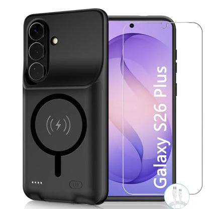 Battery Case for Galaxy S26 Plus, 12000mAh High Capacity Portable Rechargeable Protective Case Support Wireless Charging Compatible with Galaxy S26 Plus (6.7 inch) Extended Battery Charger Cover-Black - size: Galaxy S26 Plus
