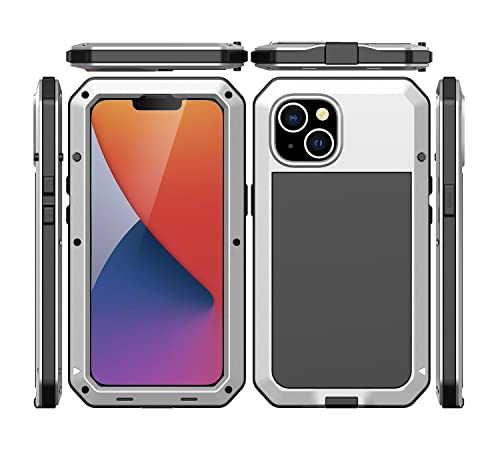 for iPhone 14 Case, 360 Full Body Protective Cover Heavy Duty Shockproof Tough Armour Aluminum Metal Case with Silicone Built-in Screen Protector for Apple iPhone 14 6.1 Inch - Silver - color: Silver