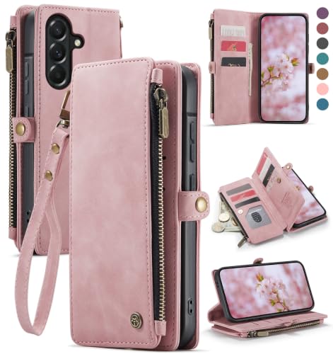 Defencase for Samsung Galaxy A37 5G Wallet Case with Card Holder, Rose Pink | RFID Blocking, Zipper Pocket, Durable PU Leather, Wrist Strap, Fashion Snap Flip Phone Cases Cover with Stand for Women Men - color: Pink