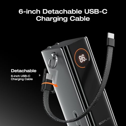 EF ECOFLOW RAPID Pro Power Bank with 67W Wall Plug, 10,000mAh 3-in-1 Portable Charger with Built-in USB-C Cable, 45W Fast Recharging, Travel Essentials for iPhone 17/16 Series, Galaxy, Laptops, and More - color: Gray Black