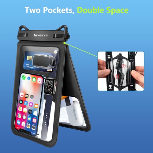 Niveaya [Up to 10.5"]Waterproof Phone Pouch - 2 Pack, Waterproof Phone Lanyard Case with iPhone 17/16/15/14/13 Pro Max up to 9.5", Phone Dry Bags for Vacation Beach Pool Kayak Cruise Travel Essentials - color: Black+ Black, size: Large 10.5"