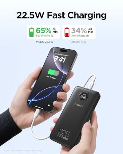 PISEN 10000mAh 3C Power Bank - 10000mAh 22.5W CCC Certified Power Bank, Travel Battery Pack 3C Portable Charger, PD QC LED Display Travel Portable Charger 2USB-A, 1USB-C for iPhone, Samsung and More