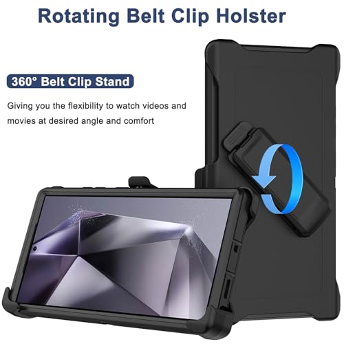 for Samsung Galaxy S24 Ultra Case with Belt Clip Holster, 2X Screen Protector, Heavy Duty Military Grade Full Body Shockproof Rugged Protective Cover for Samsung S24 Ultra 5G (Black) - color: Black
